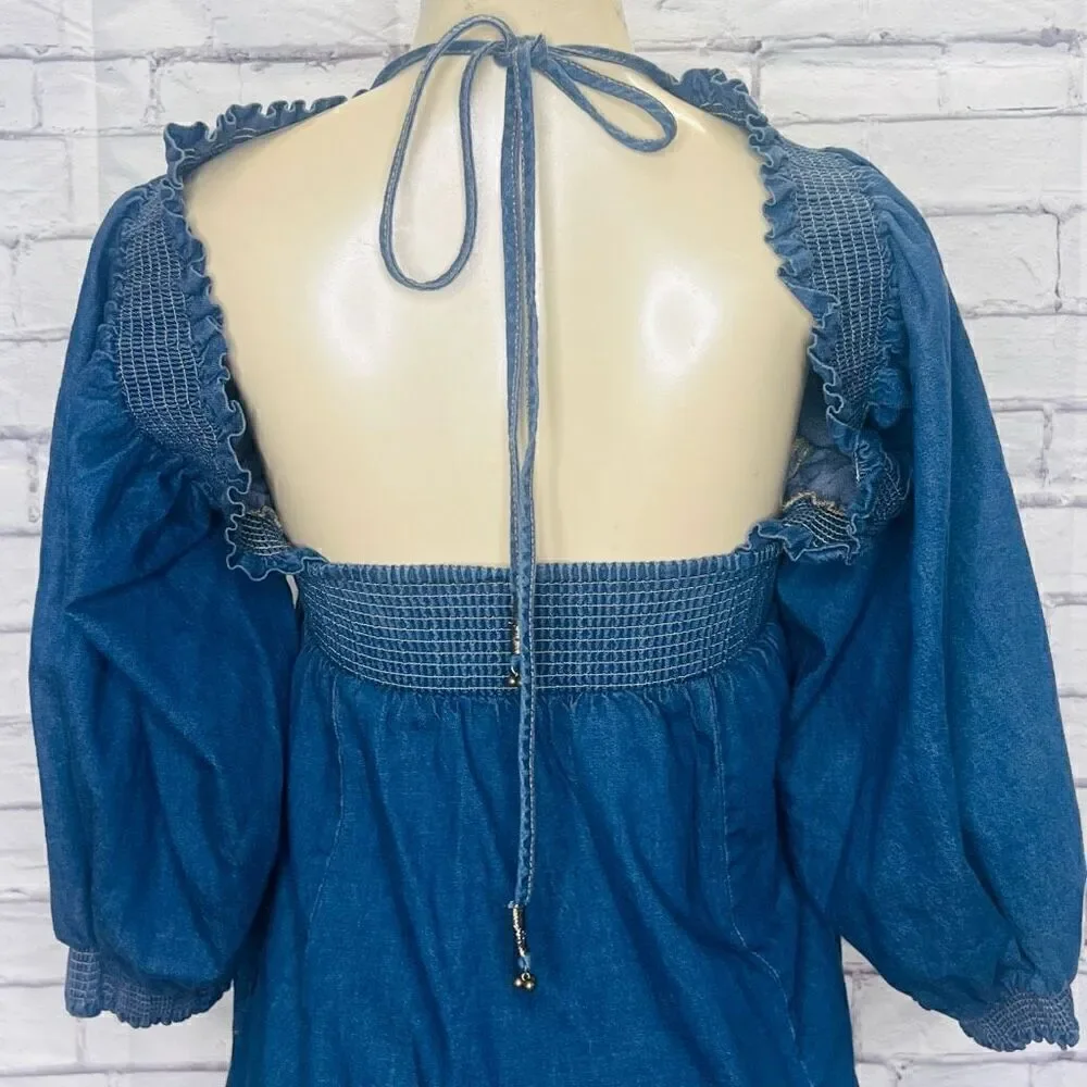 Free People Womens Dark Blue Smocked Balloon Sleeve Bodydoll Mini Dress Medium